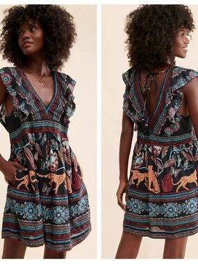 Anthropologie Black Multicolor V-Neck Plunge Tunic Mini Dress Small